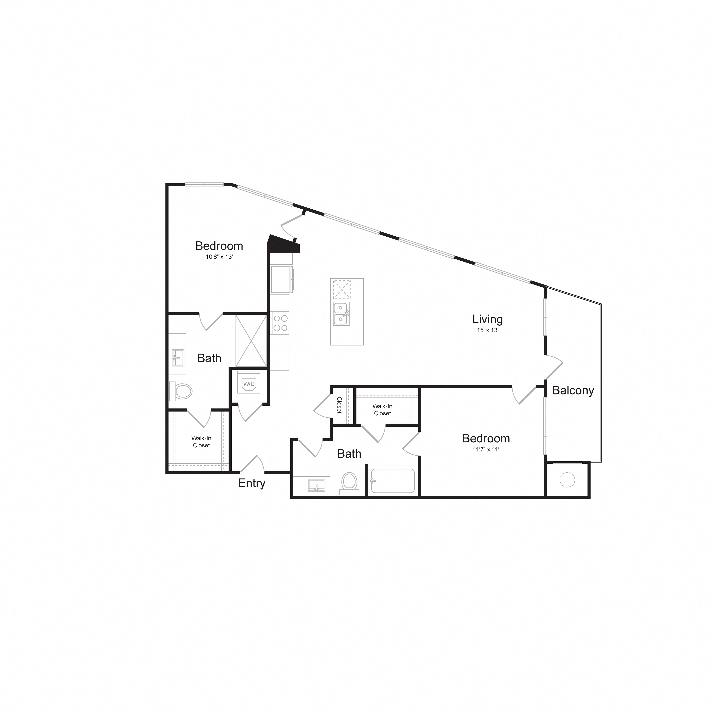 Floor plan for 2 beds, 2 baths, 1102 sqft